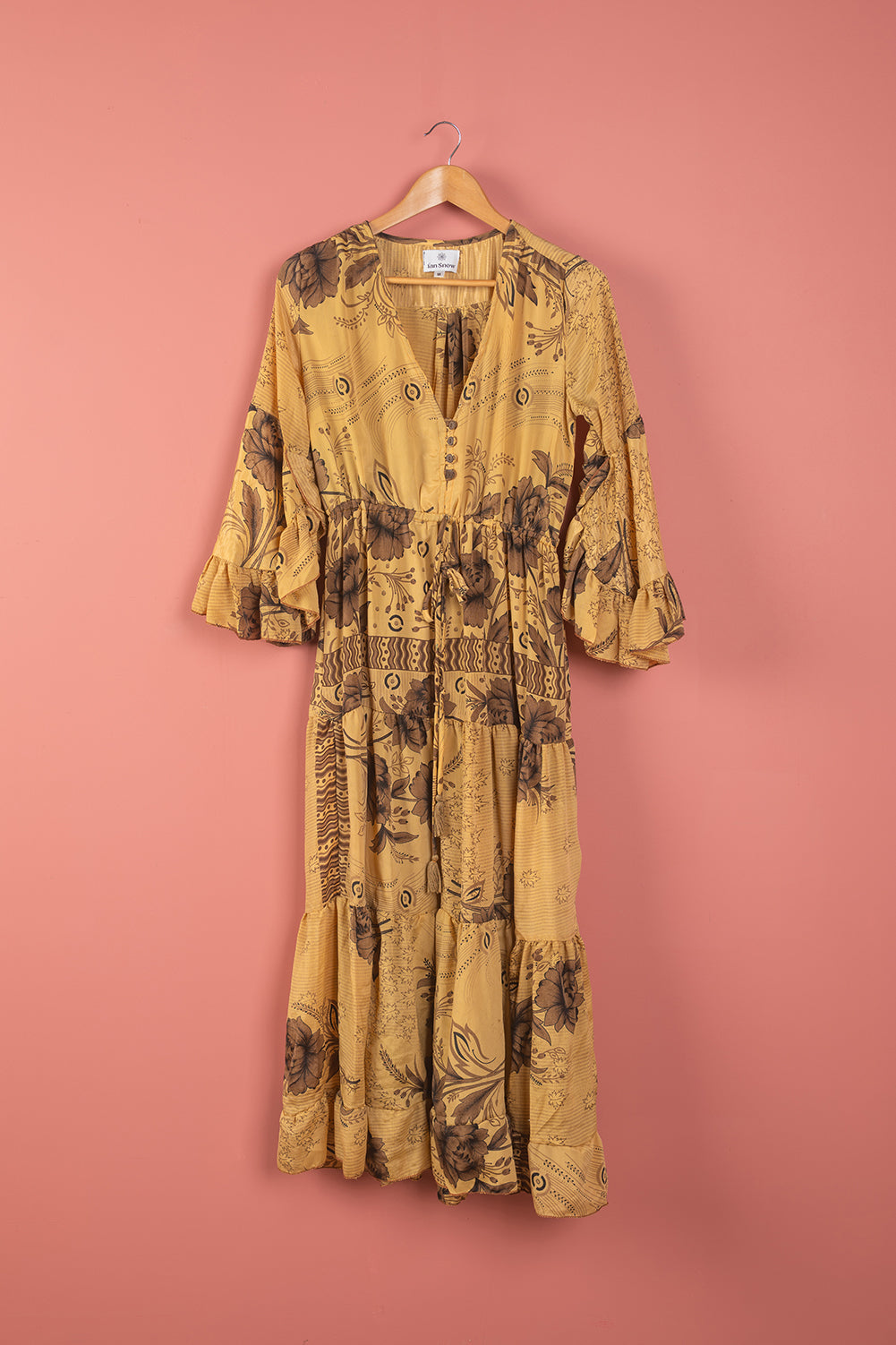 Ex Sample/Seconds Gold Floral Long Sleeve Recycled Silk Dress - Medium