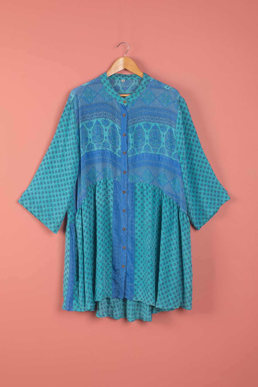 Ex Sample/Seconds Turquoise & Blue Long Sleeve Silk Shirt Dress - Extra Large