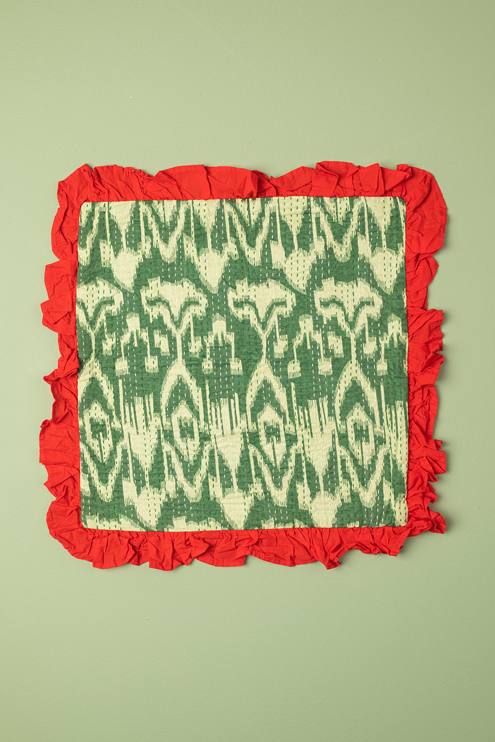 Ex Sample/Seconds Green Ikat & Red Frills Kantha Cushion Cover