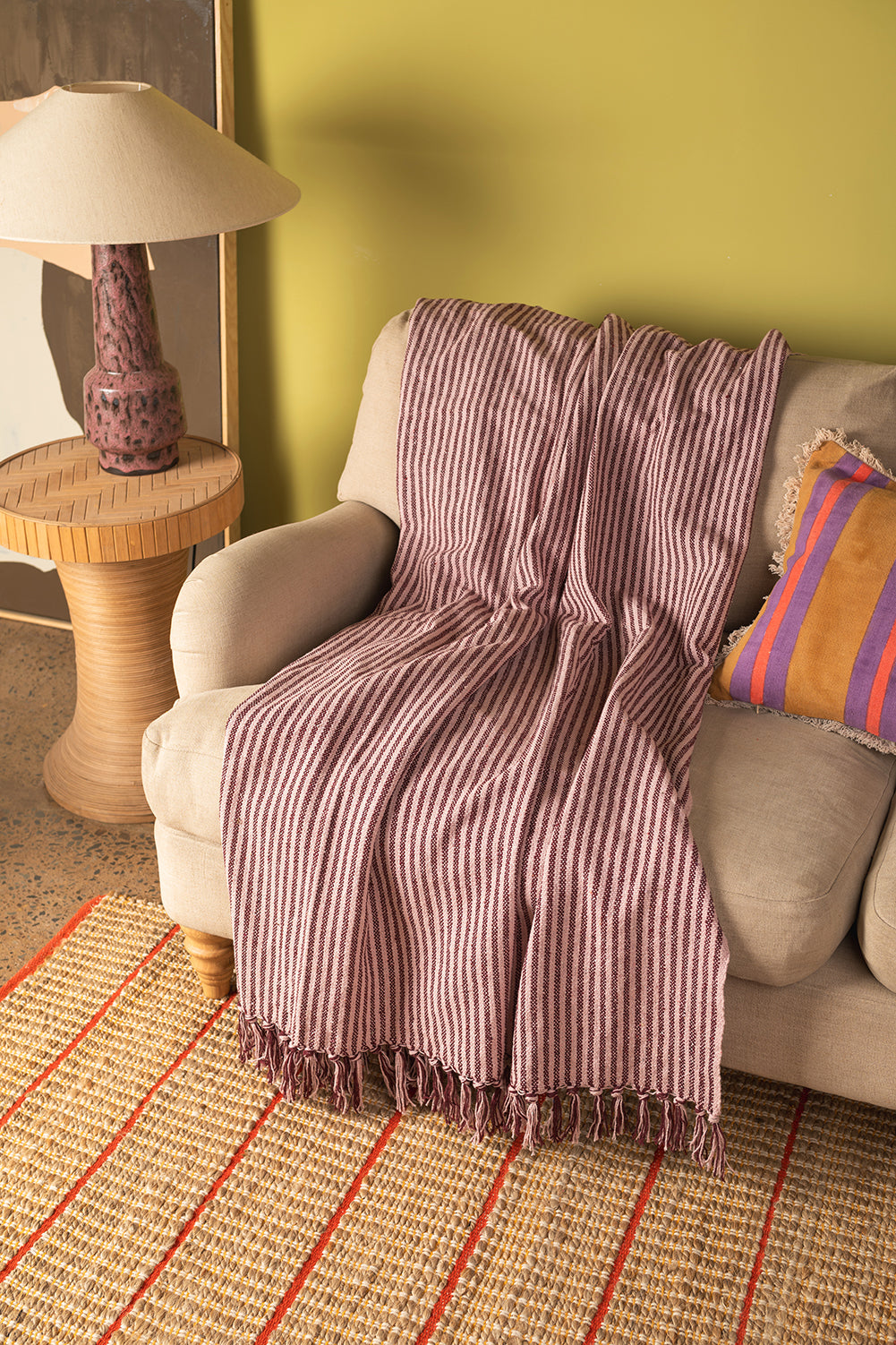 Plum & Dusty Rose 100% Recycled Cotton Striped Throw