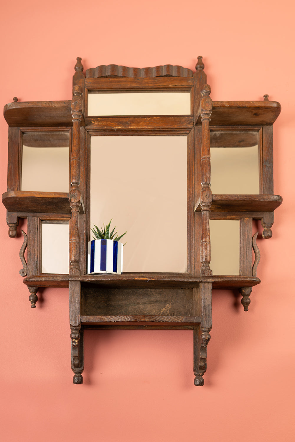 Wooden Vintage Temple Style Wall Mirror <p>W:62cm D:12cm H:79cm </p>