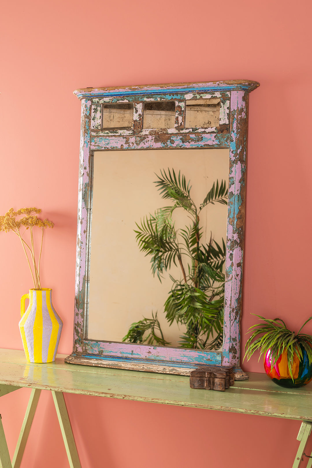 Vintage Purple & Blue Wall Mirror <p>W:78cm D:7cm H:112cm </p>