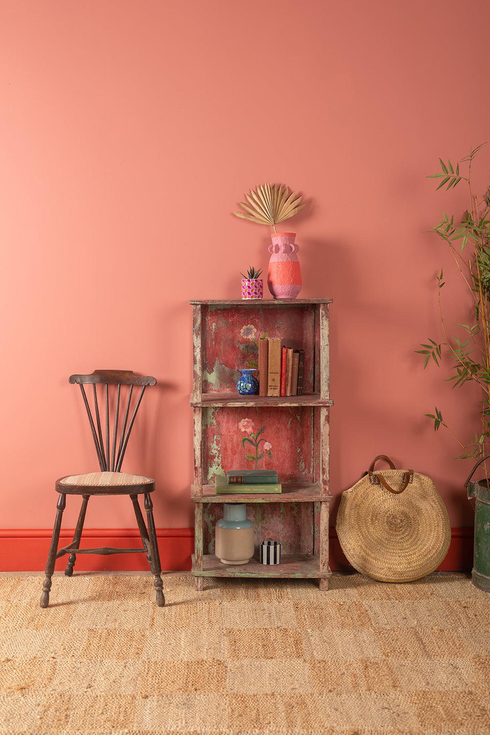 Vintage Red Wooden Shelves <p>W:52cm D:29cm H:108cm </p>