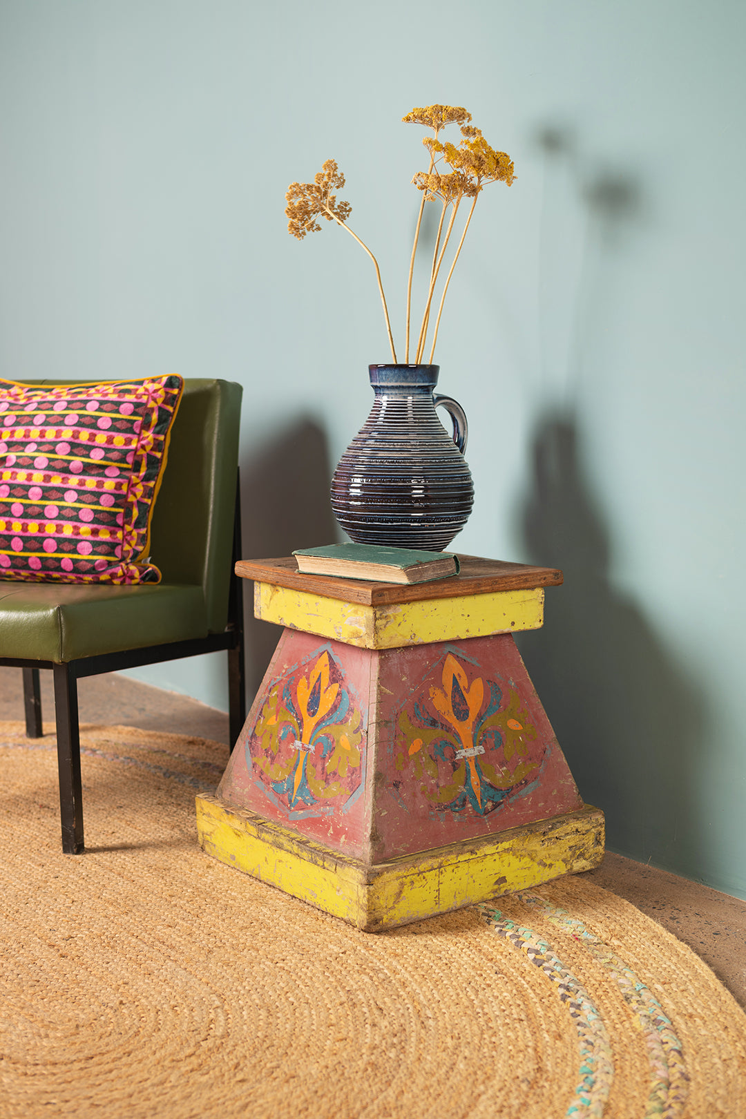 Vintage Colourful Wooden Stool <p>W:44cm D:44cm H:44cm </p> - 02