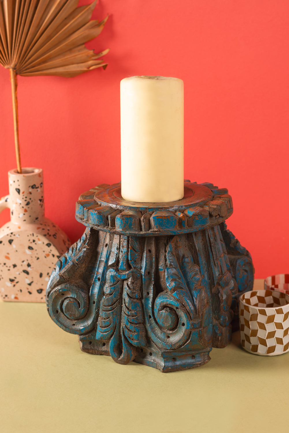Vintage Carved Pillar Base Candle Holder - 10