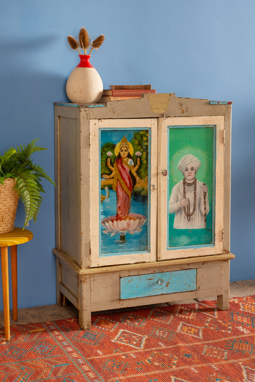 Grey Vintage Cupboard with Sacred Indian Paintings