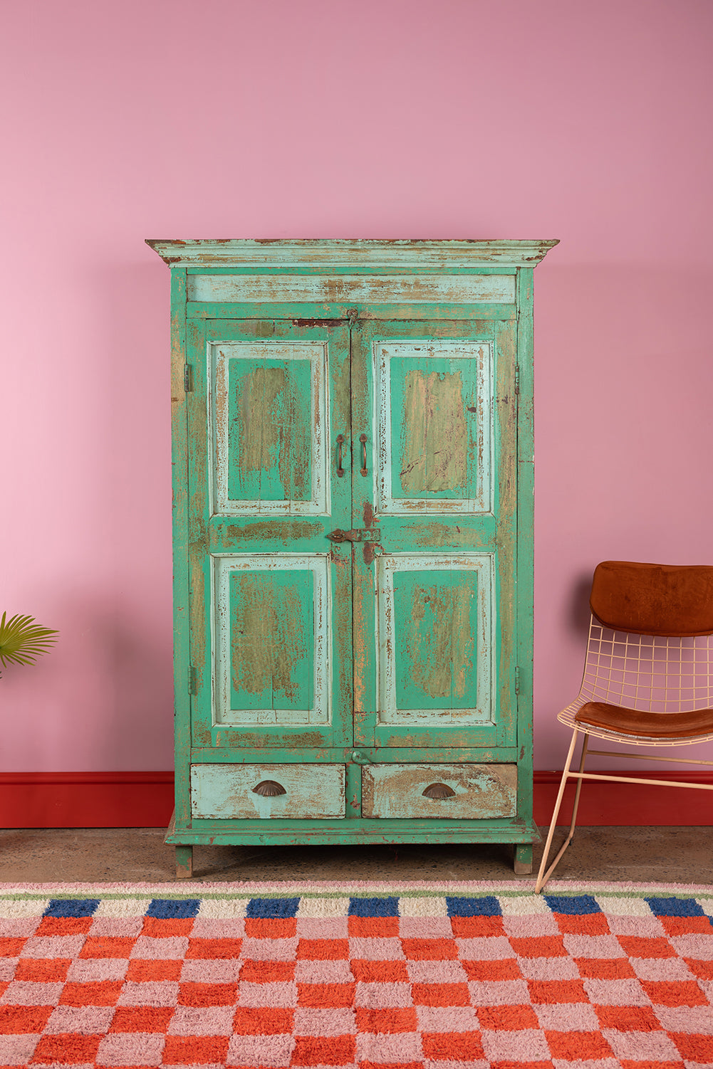 Vintage Wooden Almirah in Green Tones <p>W:111cm D:50cm H:178cm </p>