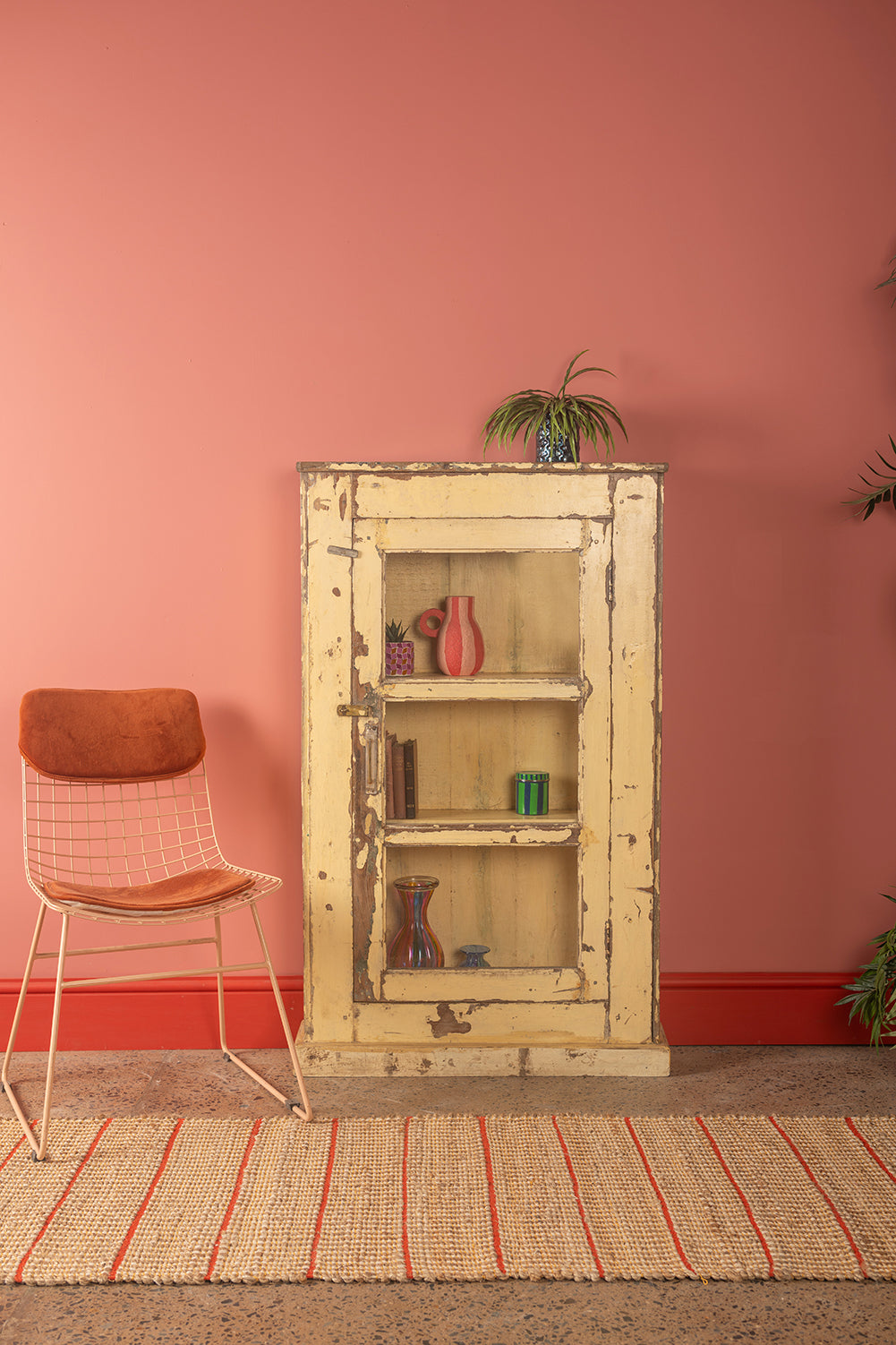 Vintage Yellow Showcase Cabinet <p>W:84cm D:22cm H:137cm </p>