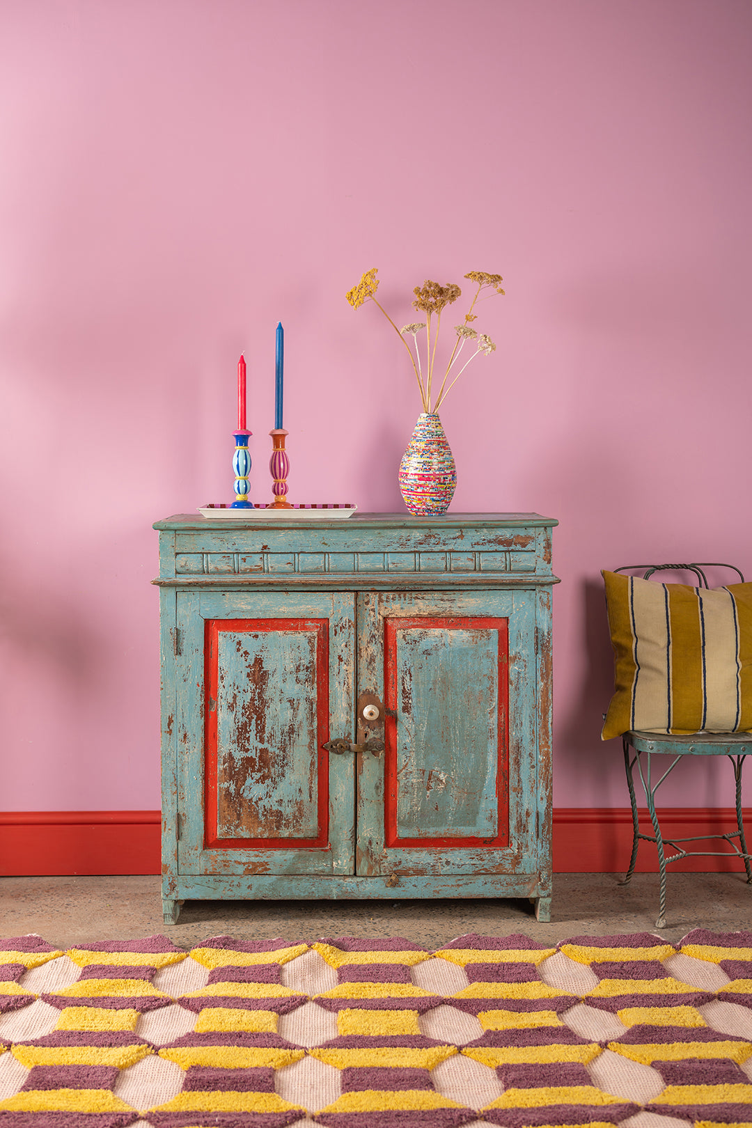 Vintage Blue & Red Cupboard <p>W:99cm D:44cm H:98cm </p>