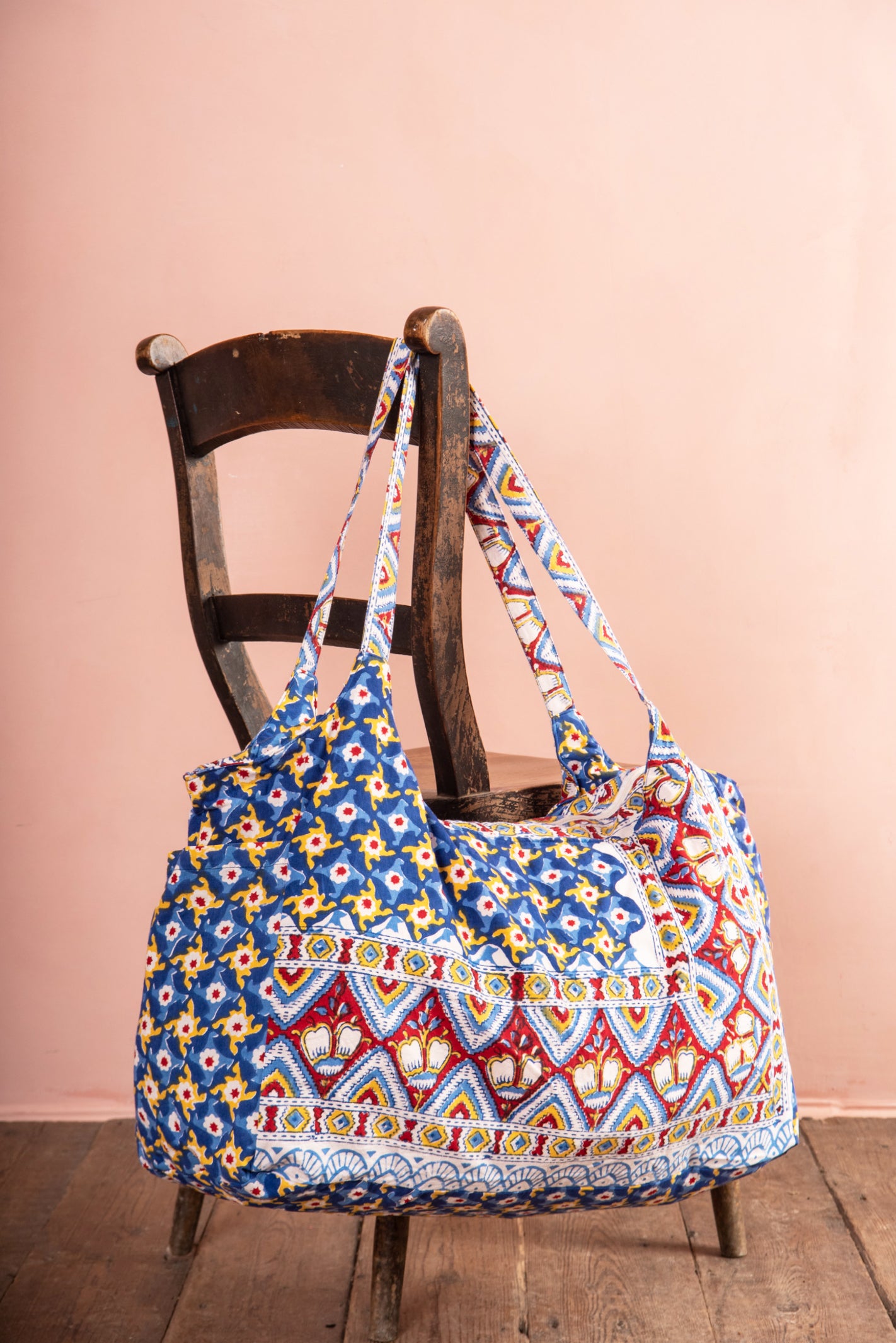 Hand Printed Cotton Holdall - Blue & Yellow