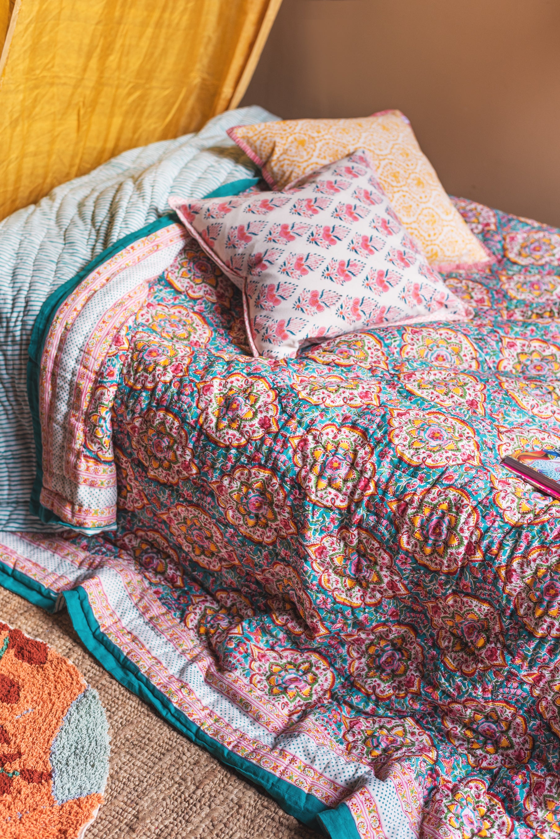 Colourful Block Print Cotton Quilt Ian Snow Ltd