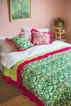 Green Ikat & Pink Frills Kantha Bed Cover