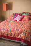 Orange Ikat and Red Frills Kantha Bed Cover