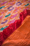 Orange Ikat and Red Frills Kantha Bed Cover