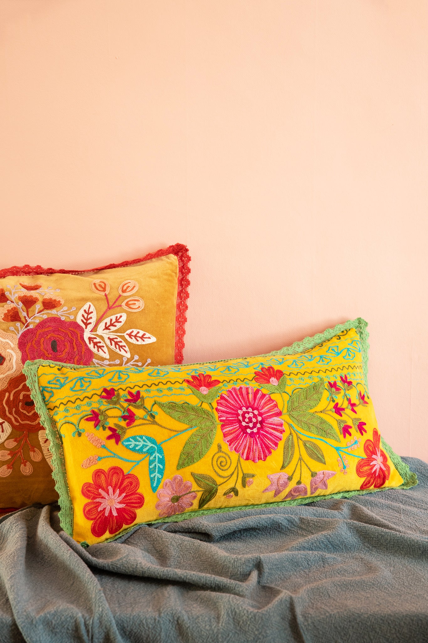 Yellow Floral Embroidered Cushion Cover