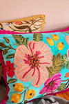 Turquoise Floral Embroidered Cushion Cover