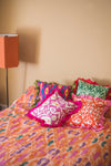 Orange Ikat & Pink Frills Kantha Cushion Cover