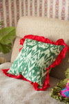 Green Ikat & Red Frills Kantha Cushion Cover