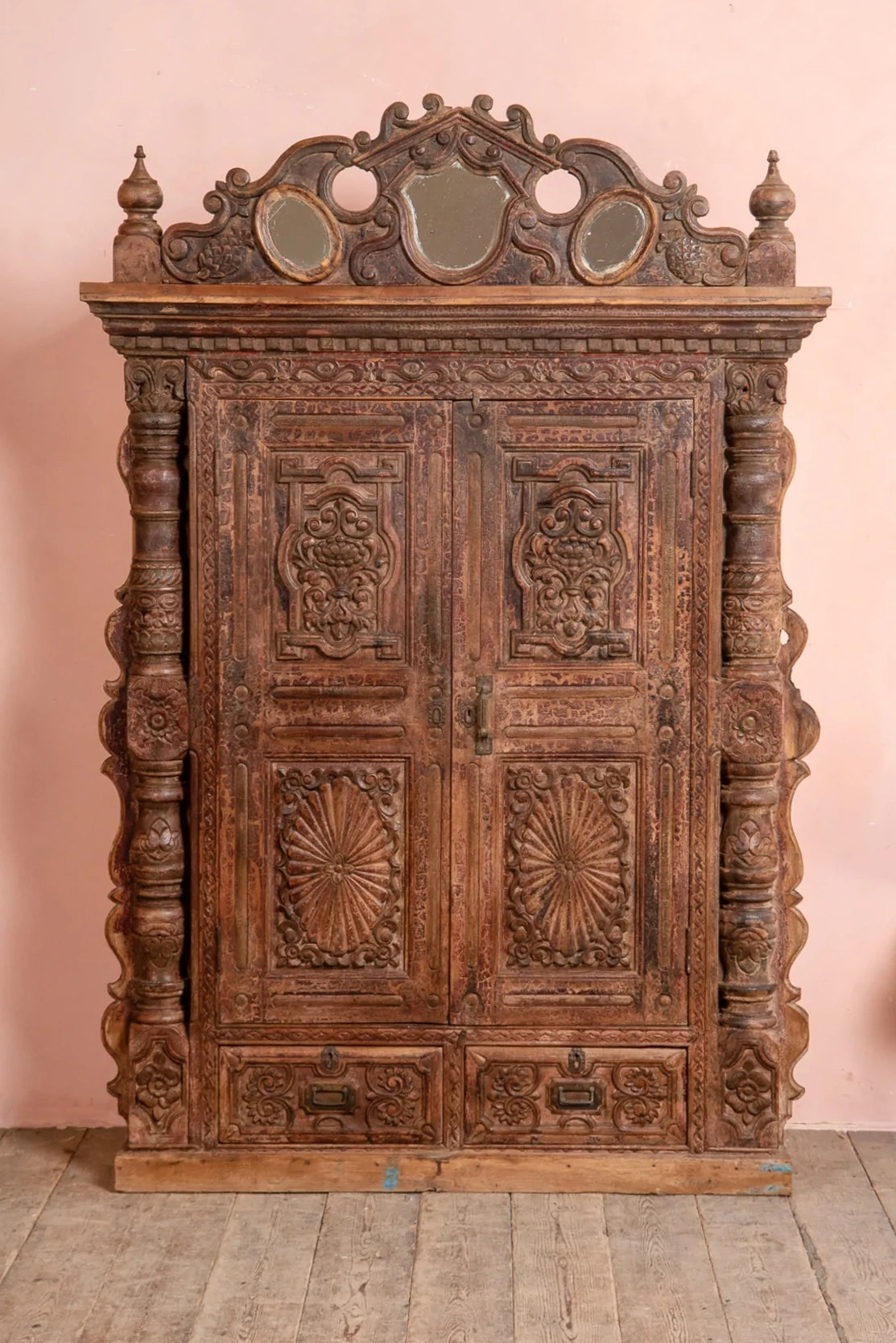 Elaborately Carved Vintage Cabinet with Mirrors