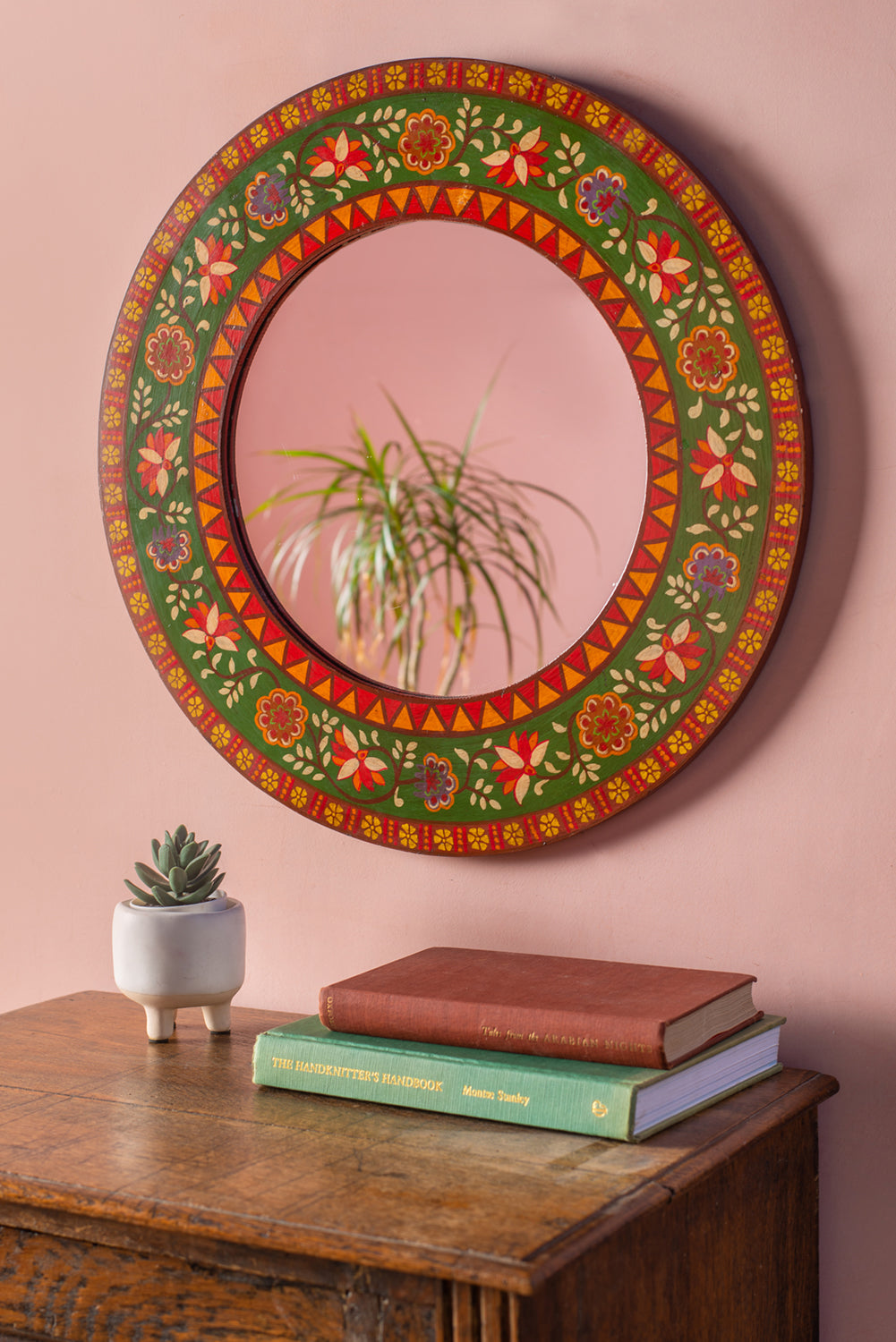 Green Round Hand Painted Floral Mirror