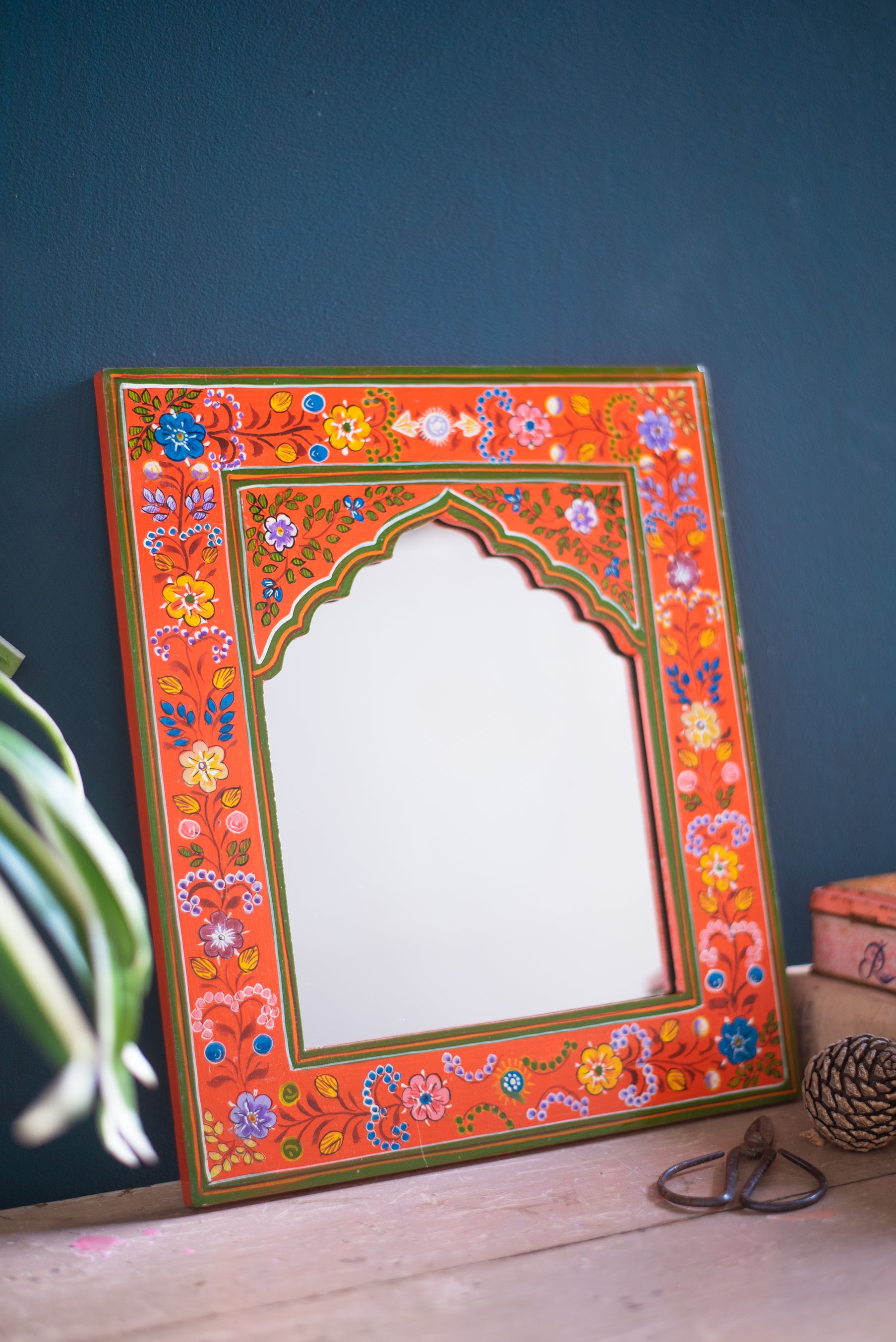 Orange Hand Painted Arched Wooden Mirror