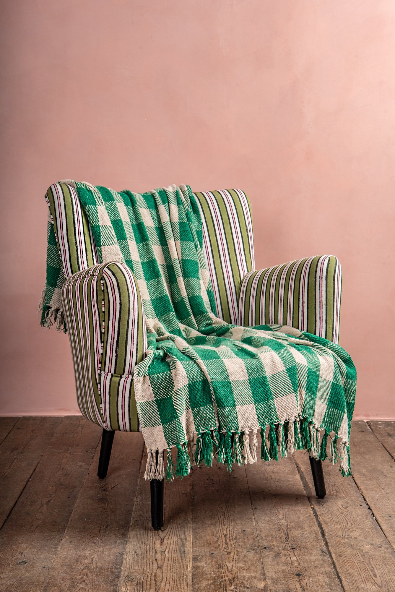 Green 100 Recycled Gingham Throw Ian Snow Ltd