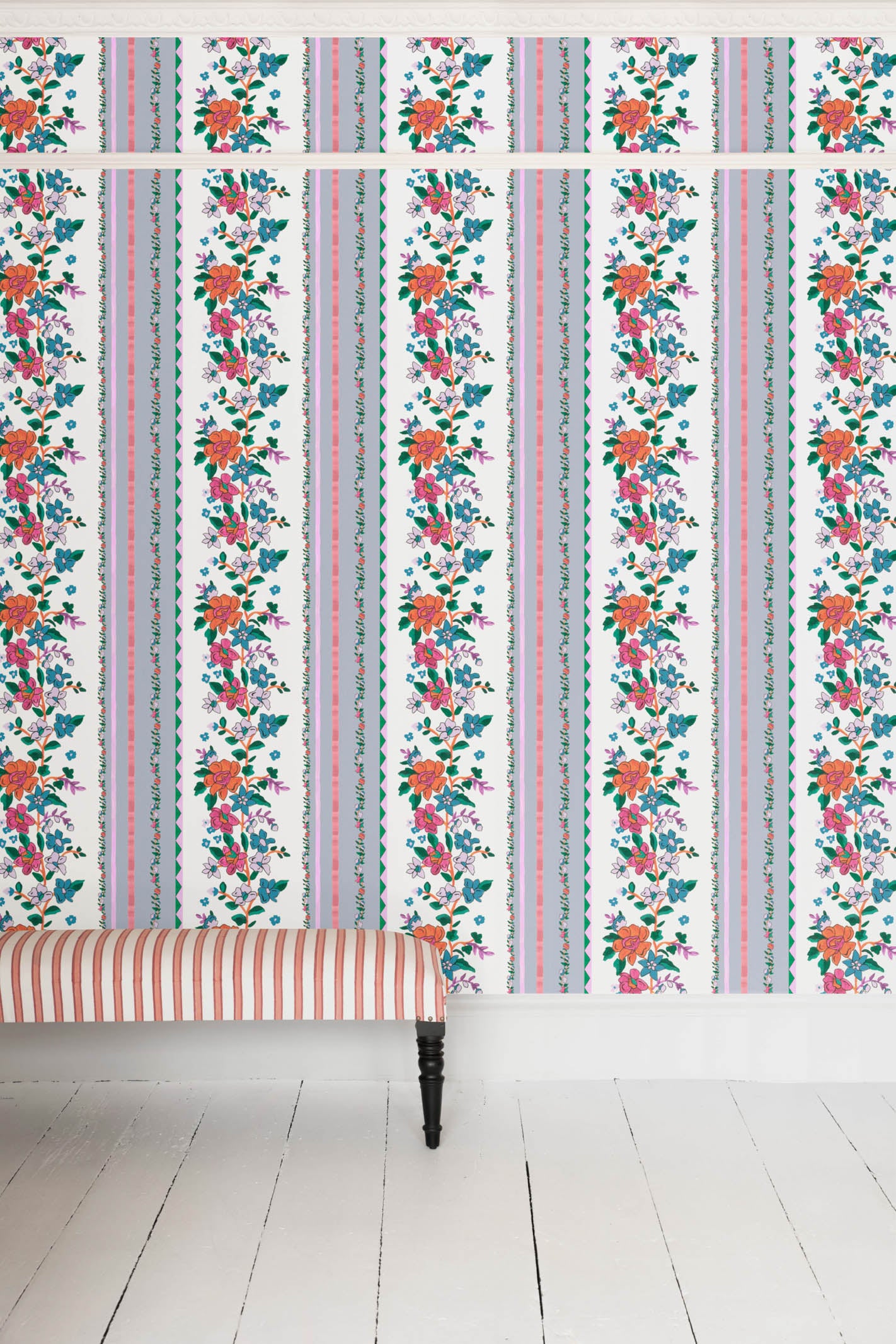 Ether Blue Floral Stripe Wallpaper